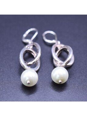 Silver Dangle Earrings With Faux Pearl Accents Elegant Loop Design 2" Long Vinta